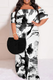 Green Sexy Floral Print Gradient Ruffle Contrast Off Shoulder Printed Plus Size Dresses