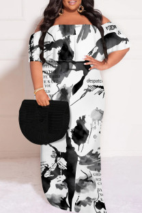Black White Sexy Floral Print Gradient Ruffle Contrast Off Shoulder Printed Plus Size Dresses