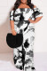 Black White Sexy Floral Print Gradient Ruffle Contrast Off Shoulder Printed Plus Size Dresses
