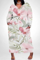 Pink Green Casual Daily Floral Print Pocket Contrast V Neck Printed Plus Size Dresses