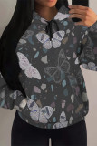 White Casual Street Floral Print Butterfly Draw String Pocket Contrast Hooded Tops