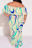 Green Sexy Floral Print Gradient Ruffle Contrast Off Shoulder Printed Plus Size Dresses