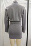 Grey Casual Pocket Patchwork Zipper Zipper Collar Long Sleeve Two Pieces