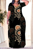 Multicolor Casual Street Floral Print Camouflage Print Letters Pocket Contrast O Neck Printed Plus Size Dresses