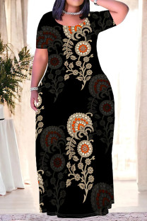 Black Casual Street Floral Print Camouflage Print Letters Pocket Contrast O Neck Printed Plus Size Dresses