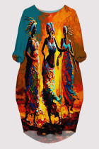 Multicolor Casual Daily Graffiti Print Pocket Contrast O Neck Printed Dresses