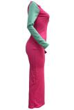 Red Casual Patchwork Contrast O Neck Long Dresses