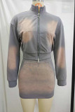 Grey Casual Pocket Patchwork Zipper Zipper Collar Long Sleeve Two Pieces