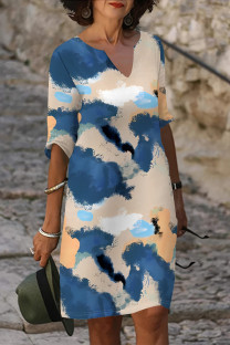 Blue Casual Floral Print Contrast V Neck Printed Dresses