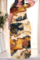 Beige Casual Geometric Print Stripe Gradient Pocket Contrast O Neck Printed Plus Size Dresses