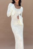 White Elegant Solid Color Patchwork O Neck Long Dresses