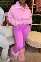 Pink Casual Solid Color Pocket Buttons Patchwork Zipper Turndown Collar Long Sleeve Two Pieces