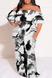 Green Sexy Floral Print Gradient Ruffle Contrast Off Shoulder Printed Plus Size Dresses