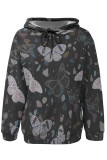 White Casual Street Floral Print Butterfly Draw String Pocket Contrast Hooded Tops