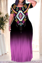 Gradient Color Casual Geometric Print Stripe Gradient Pocket Contrast O Neck Printed Plus Size Dresses