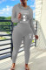 Grey Casual Print Draw String Patchwork Hooded Long Sleeve Two Pieces