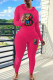 Rose Red Casual Print Draw String Patchwork Hooded Long Sleeve Two Pieces