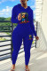 Blue Casual Print Draw String Patchwork Hooded Long Sleeve Two Pieces