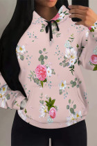 Pink Casual Daily Floral Print Draw String Pocket Contrast Hooded Tops