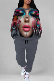 Cyanine Casual Street Graffiti Print Flowers Draw String Pocket Contrast O Neck Long Sleeve Two Pieces