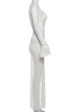 White Elegant Solid Color Patchwork O Neck Long Dresses