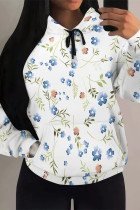 White Blue Casual Daily Floral Print Draw String Pocket Contrast Hooded Tops