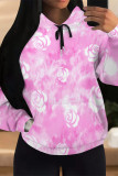 White Blue Casual Daily Floral Print Draw String Pocket Contrast Hooded Tops
