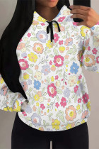 White Casual Daily Floral Print Draw String Pocket Contrast Hooded Tops