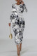 Gray Blue Casual Street Geometric Print Letters Gradient Contrast O Neck Printed Dresses