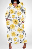 White Yellow Casual Daily Floral Print Pocket Contrast V Neck Printed Plus Size Dresses