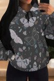White Casual Street Floral Print Butterfly Draw String Pocket Contrast Hooded Tops