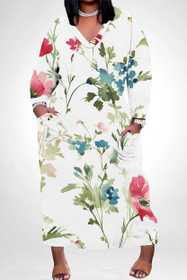 Turquoise Elegant Floral Print Pocket Contrast V Neck Printed Plus Size Dresses