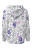 White Casual Street Floral Print Butterfly Draw String Pocket Contrast Hooded Tops