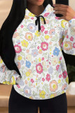 White Blue Casual Daily Floral Print Draw String Pocket Contrast Hooded Tops
