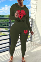 Army Green Casual Print Draw String Patchwork Hooded Long Sleeve Two Pieces