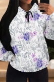 White Casual Street Floral Print Butterfly Draw String Pocket Contrast Hooded Tops