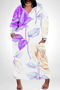 Light Purple Elegant Floral Print Pocket Contrast V Neck Printed Plus Size Dresses