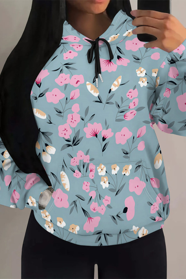 Blue Casual Daily Floral Print Draw String Pocket Contrast Hooded Tops