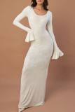 White Elegant Solid Color Patchwork O Neck Long Dresses
