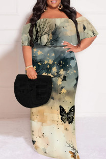 Gray Green Sexy Floral Print Gradient Ruffle Contrast Off Shoulder Printed Plus Size Dresses