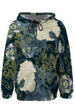 White Casual Street Floral Print Butterfly Draw String Pocket Contrast Hooded Tops