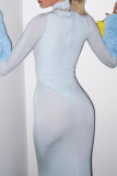 Light Blue Elegant Solid Color Patchwork Turtleneck Long Dresses