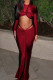Burgundy Elegant Solid Color Hollow Out Patchwork O Neck Long Sleeve Two Pieces