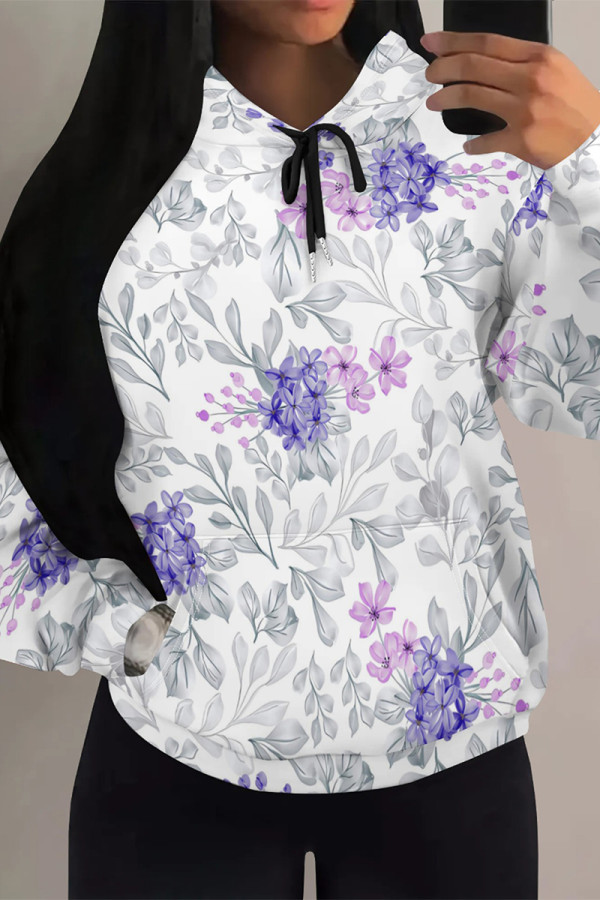 White Casual Street Floral Print Butterfly Draw String Pocket Contrast Hooded Tops