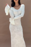 White Elegant Solid Color Patchwork O Neck Long Dresses