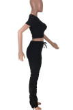 Light Gray Casual Solid Color Draw String Patchwork O Neck Short Sleeve Two Pieces