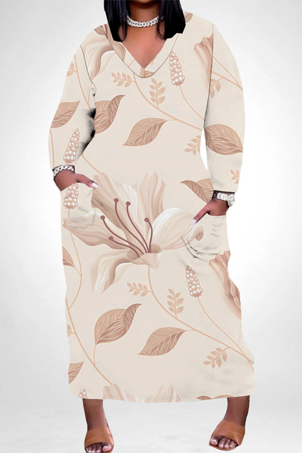 Khaki Casual Daily Floral Print Pocket Contrast V Neck Printed Plus Size Dresses