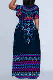 Multi-color Casual Geometric Print Stripe Gradient Pocket Contrast O Neck Printed Plus Size Dresses