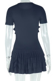 Black Casual Solid Color Patchwork Pleated O Neck Wrapped Skirt Dresses