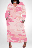 Pink Casual Daily Floral Print Pocket Contrast V Neck Printed Plus Size Dresses
